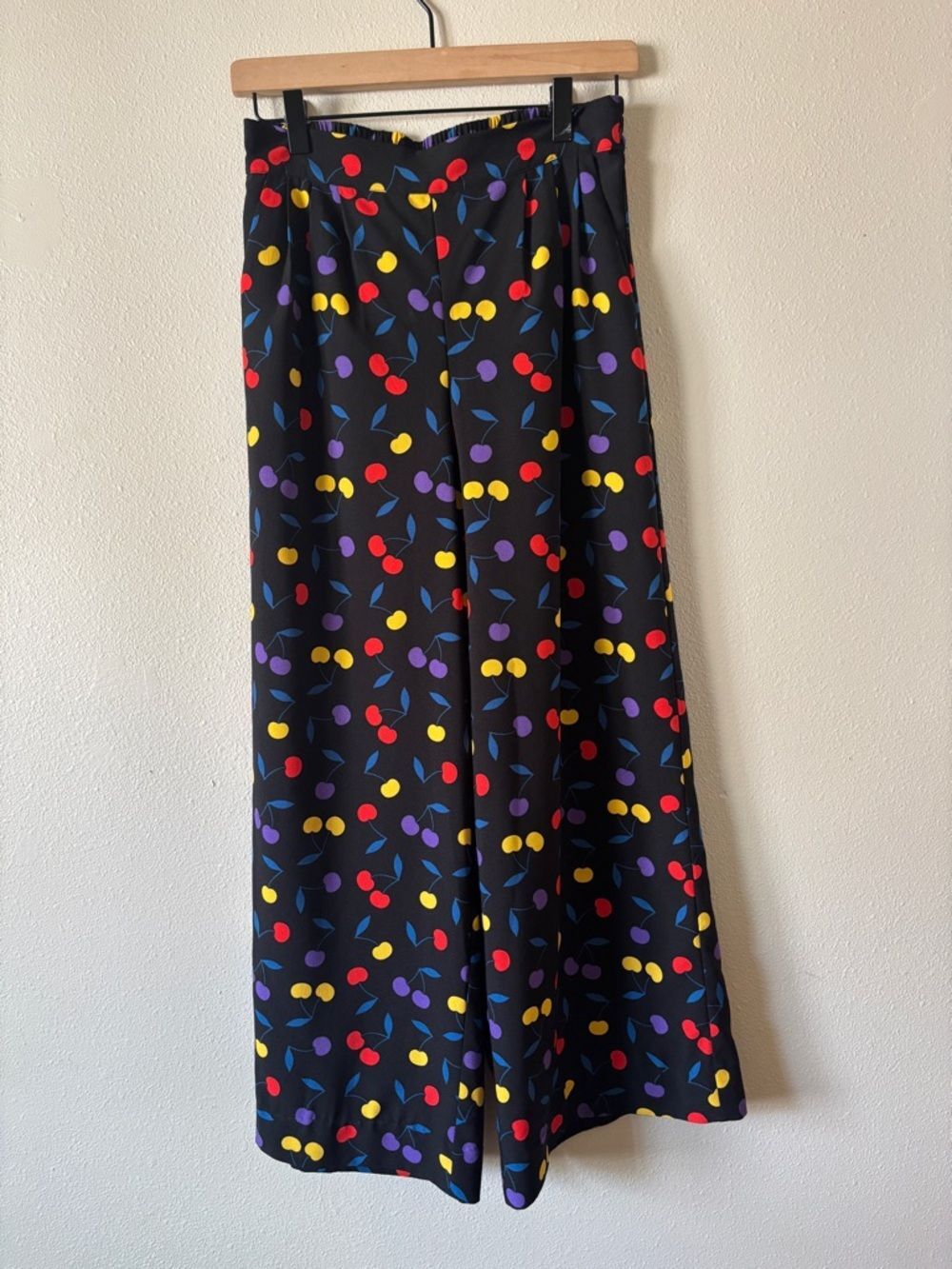ModCloth Black Wide Leg Pants With Colorful Cherry Print Size Small